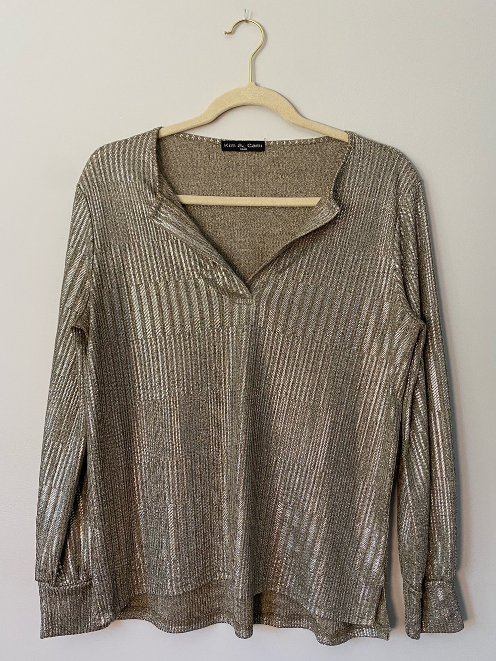 Kim & Cami Bronze Taupe Silver Metallic Striped Knit Top  S